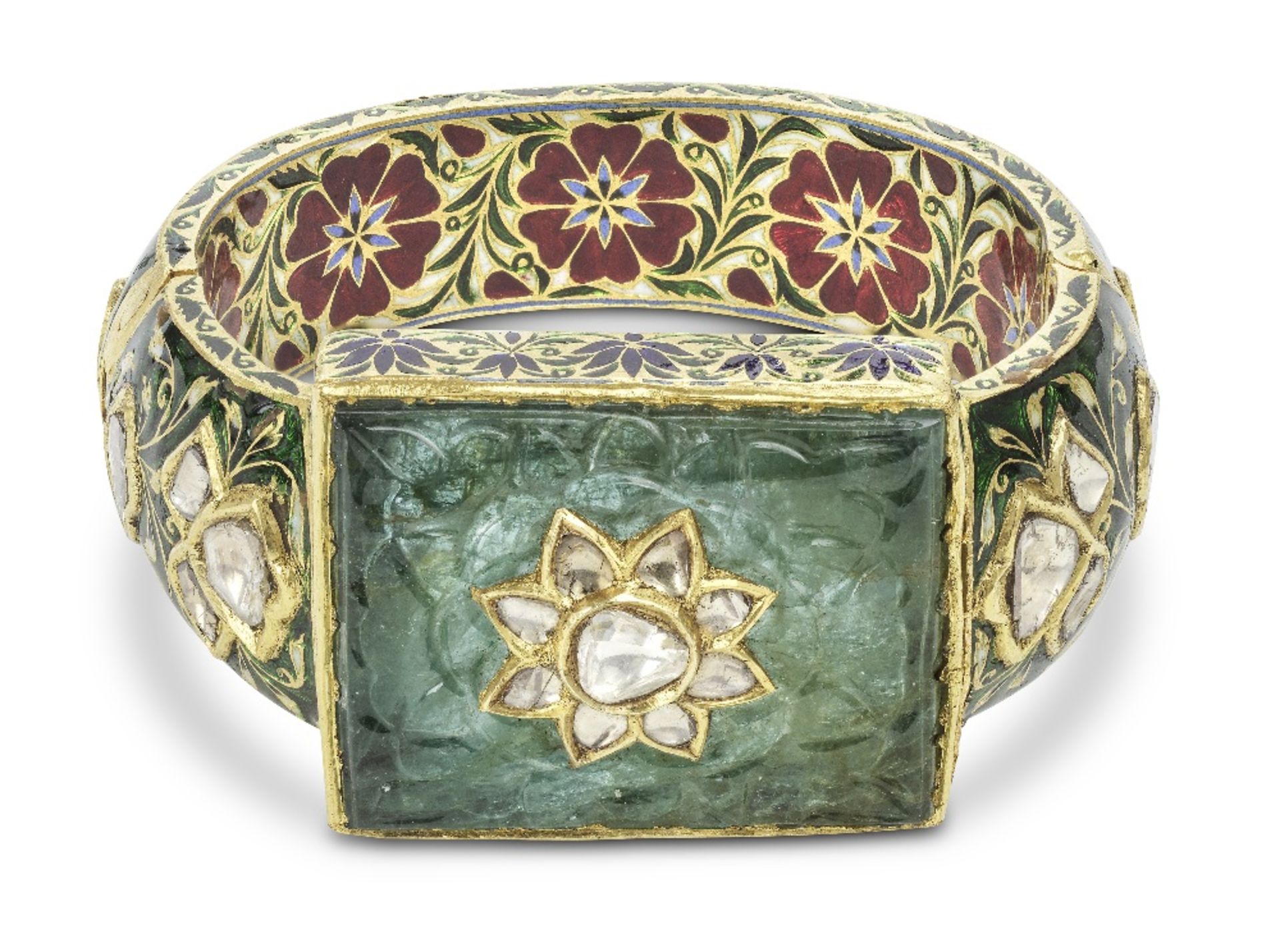An emerald and diamond-set enamelled gold bangle North India, 19th/ 20th Century