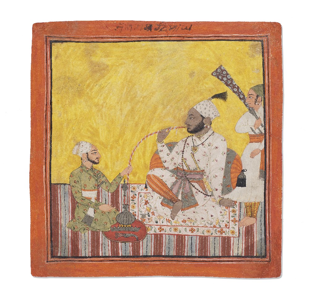 A raja seated smoking a hookah with attendants Chamba, circa 1700