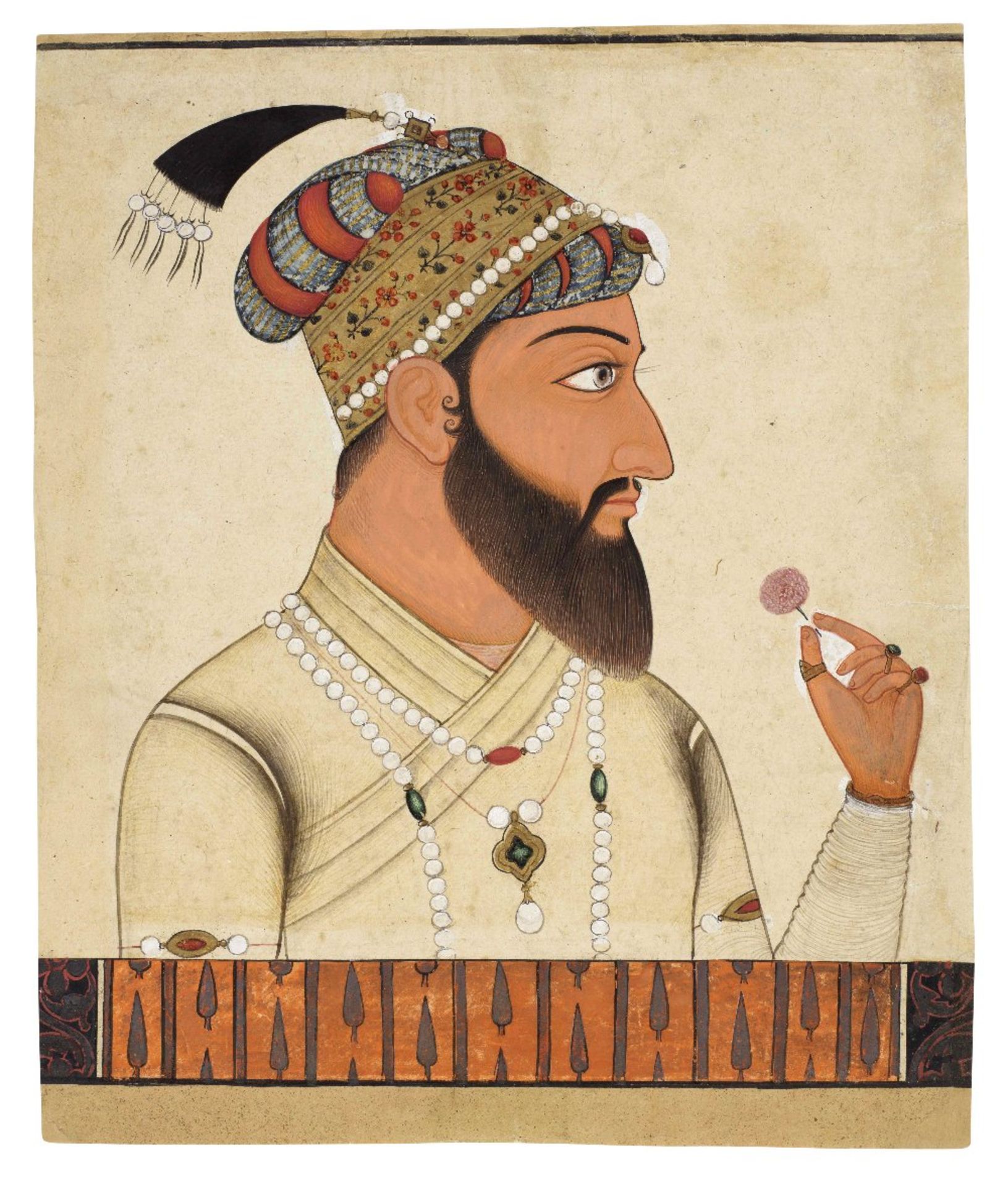 The Mughal Emperor Bahadur Shah I (reg. 1707-1712) at a balcony holding a flower Sawar, circa 1710