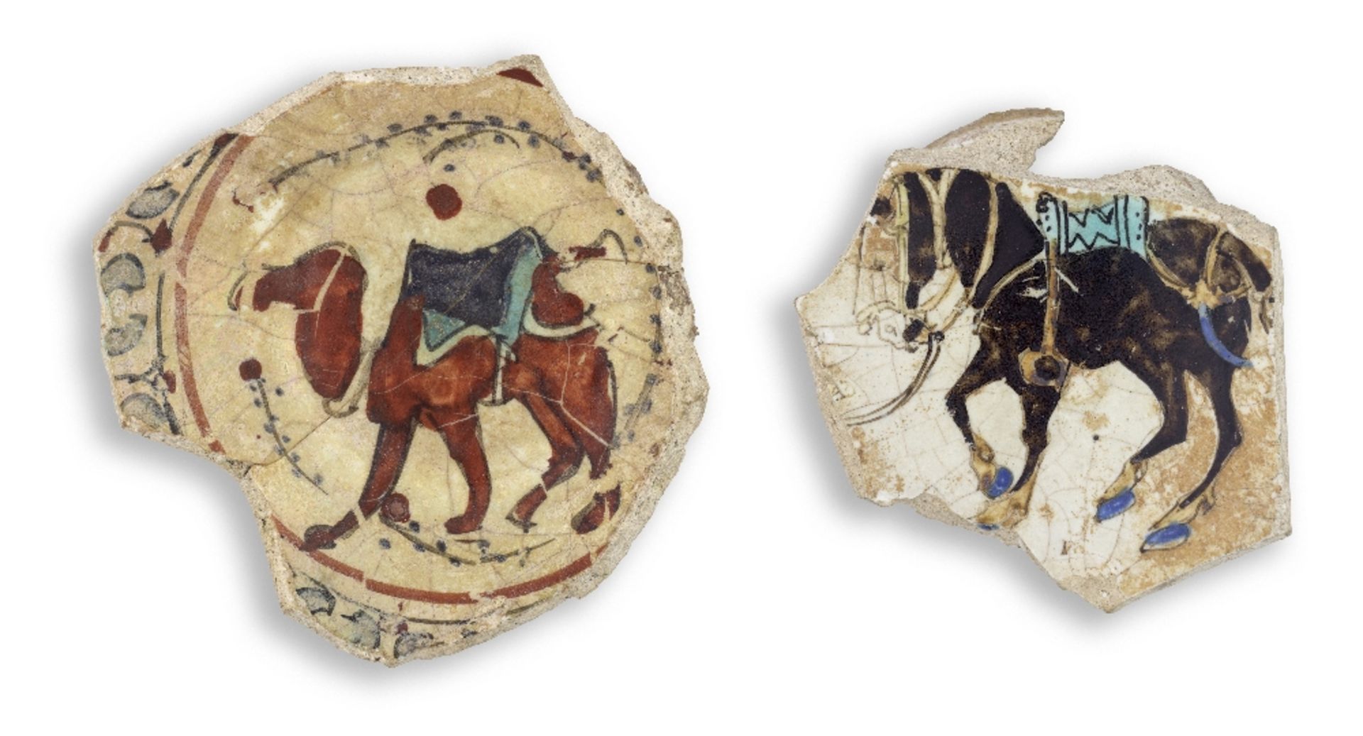 Two minai pottery fragments depicting a horse and camel Persia, 12th/ 13th Century(2)