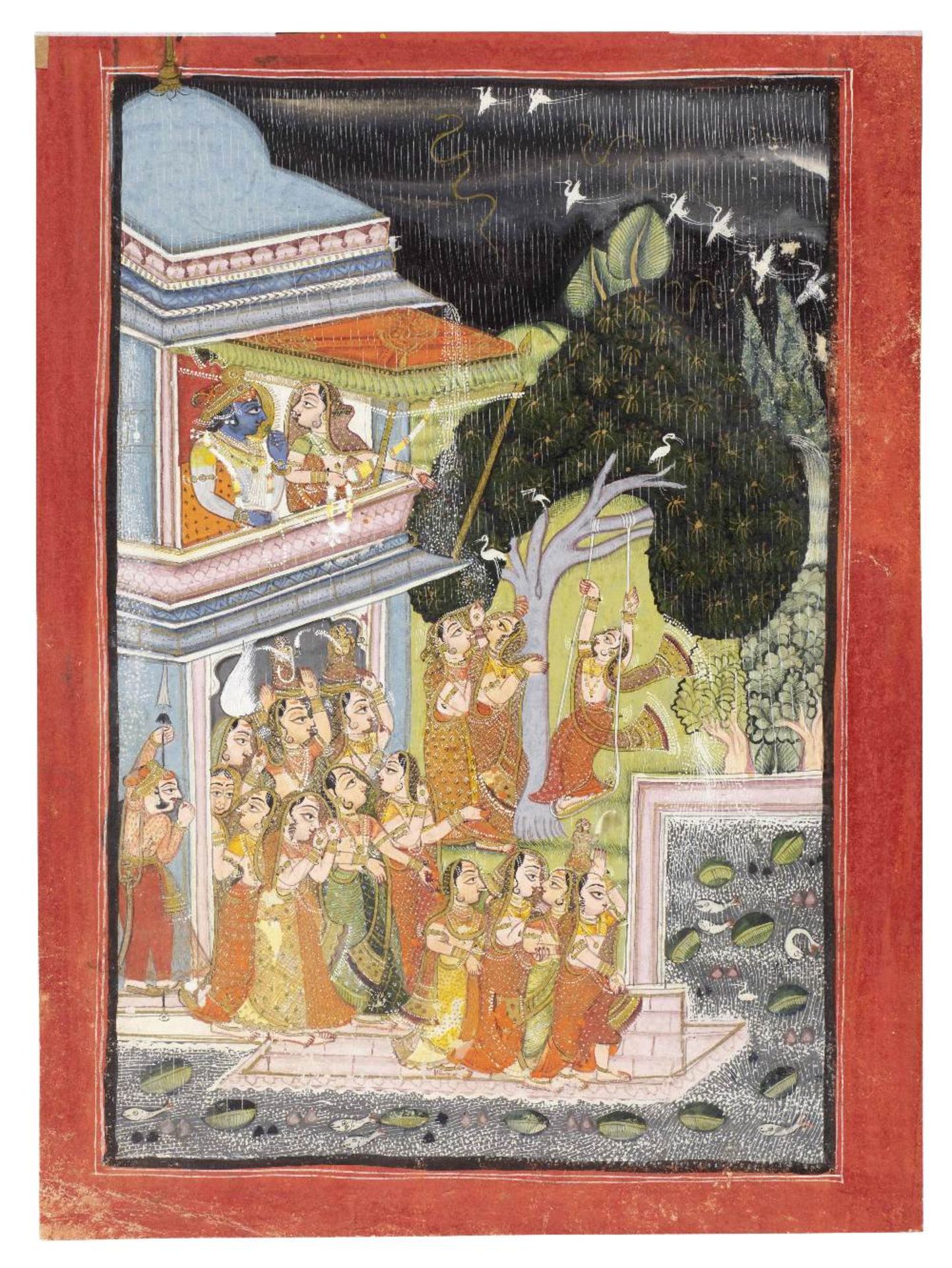 A painting from a Baramasa series, depicting Radha and Krishna celebrating the Tej festival duri...