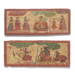 Two painted and lacquered wood manuscript covers, depicting Siva and Parvati with Nandi, and a n...