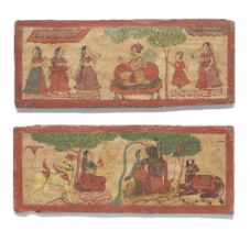 Two painted and lacquered wood manuscript covers, depicting Siva and Parvati with Nandi, and a n...