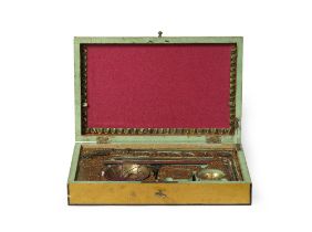 A set of Qajar portable merchant's weights and scales by Husain in a later painted wood box Per...