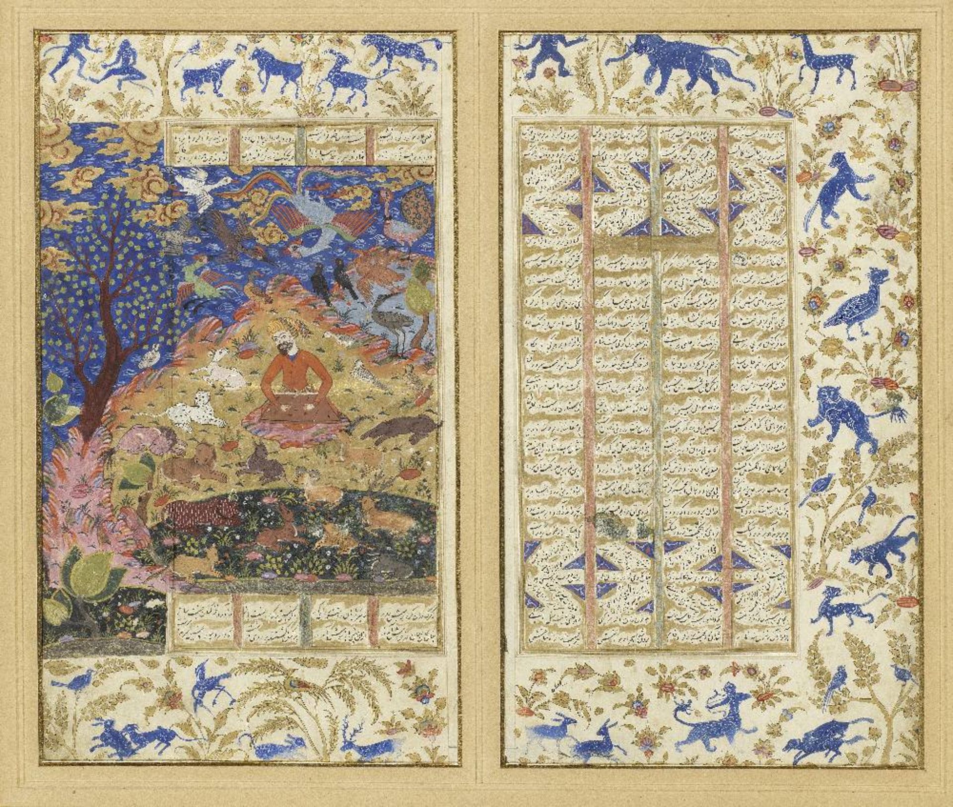 An illustrated leaf, and a text leaf, from Nizami's Kherad-nameh, the second book of the Iskanda...