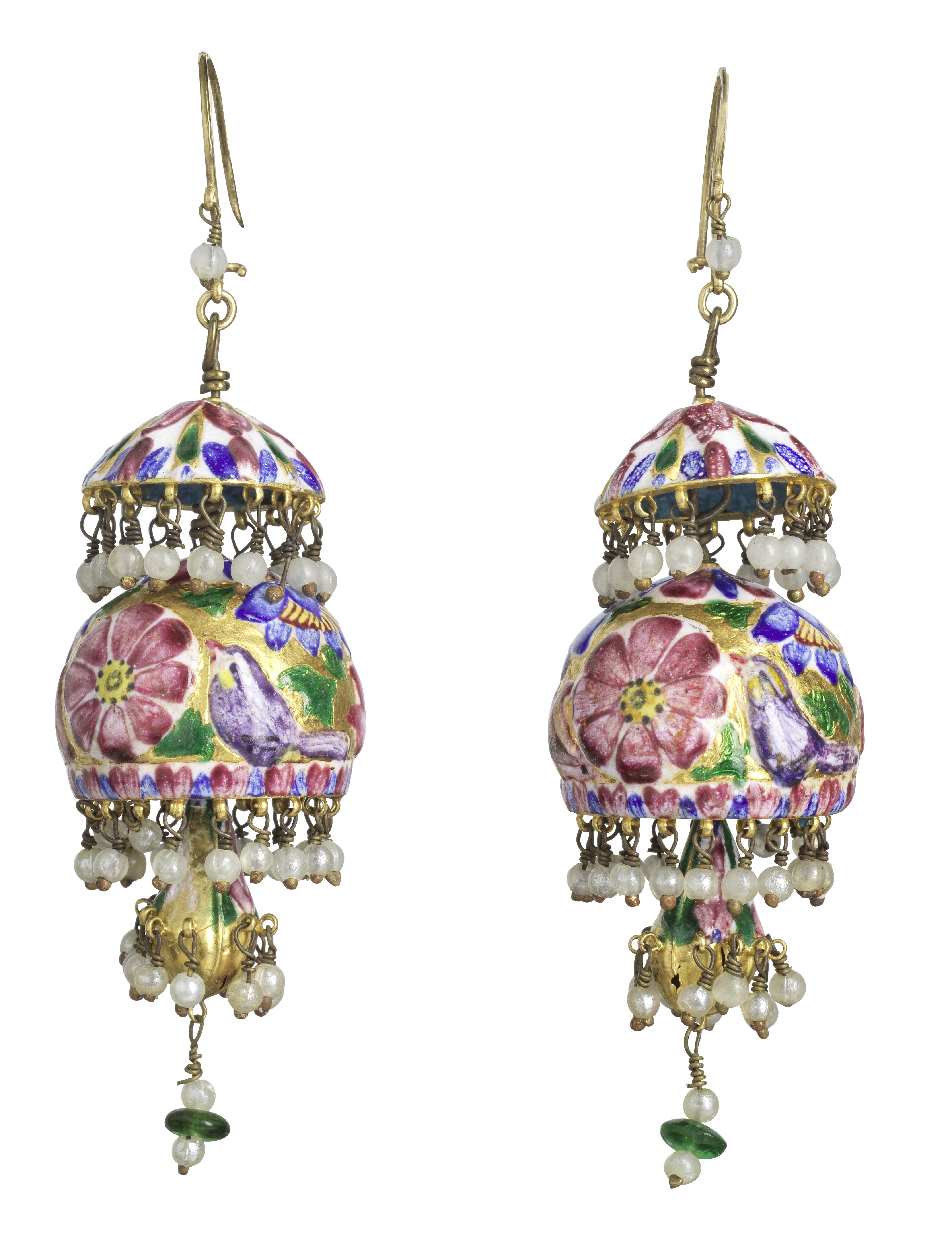 Two pairs of Qajar enamelled gold earrings Persia, 19th Century(4)
