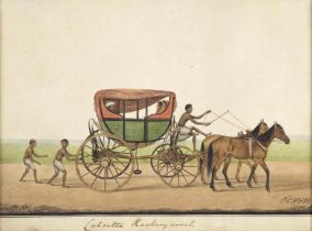 A Calcutta Hackney coach, with Indian occupants and attendants, by Shaykh Muhammad Amir of Karra...