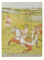 A prince, perhaps a Maratha, riding in a landscape accompanied by soldiers and attendants on foo...