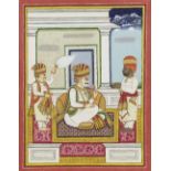 Maharajah Jam Ranmalji (reg. 1820-52), seated on a terrace with two courtiers, Bhavsar Mona and ...