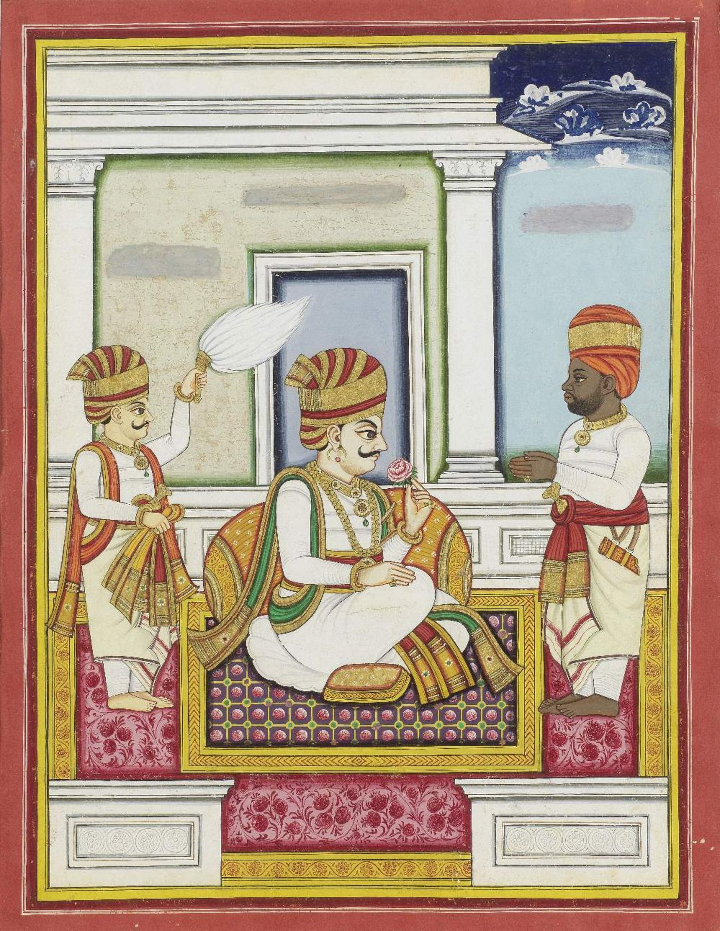 Maharajah Jam Ranmalji (reg. 1820-52), seated on a terrace with two courtiers, Bhavsar Mona and ...