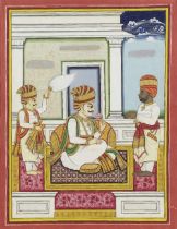 Maharajah Jam Ranmalji (reg. 1820-52), seated on a terrace with two courtiers, Bhavsar Mona and ...
