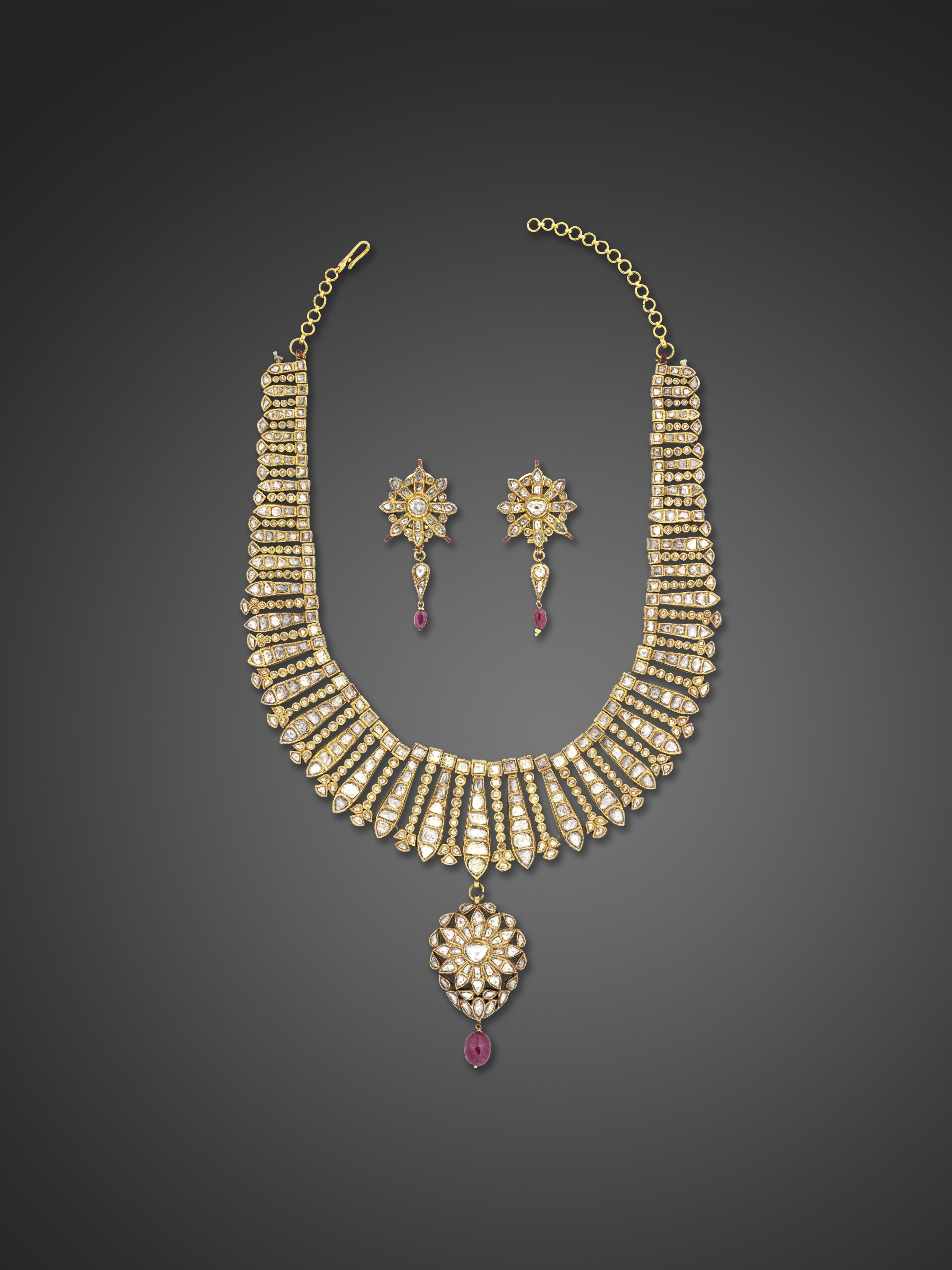 A diamond-set enamelled gold necklace and earrings India, 20th Century(3)