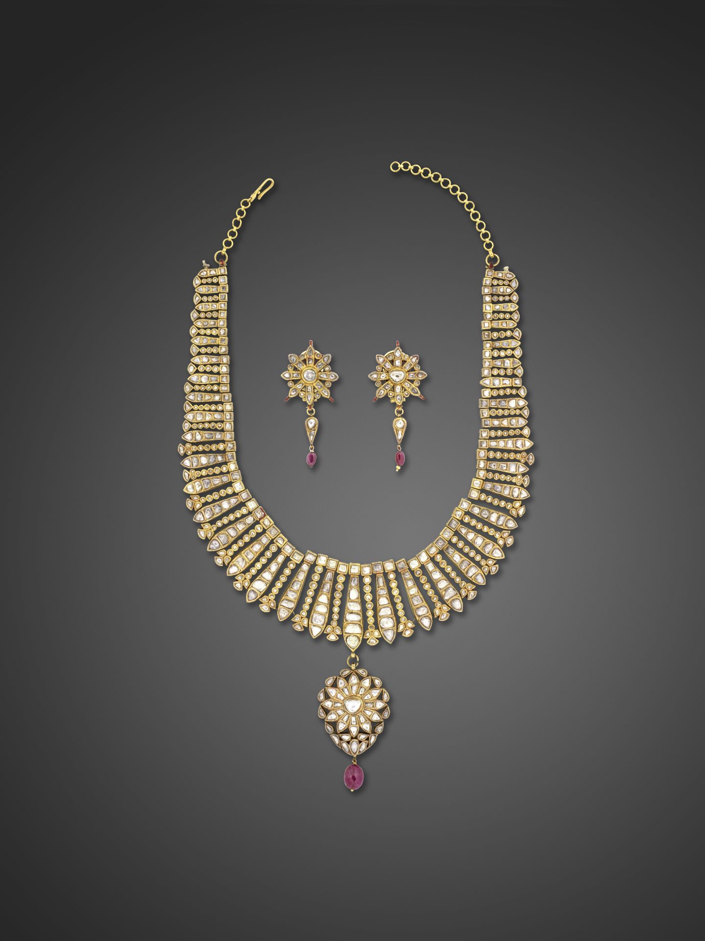 A diamond-set enamelled gold necklace and earrings India, 20th Century(3)