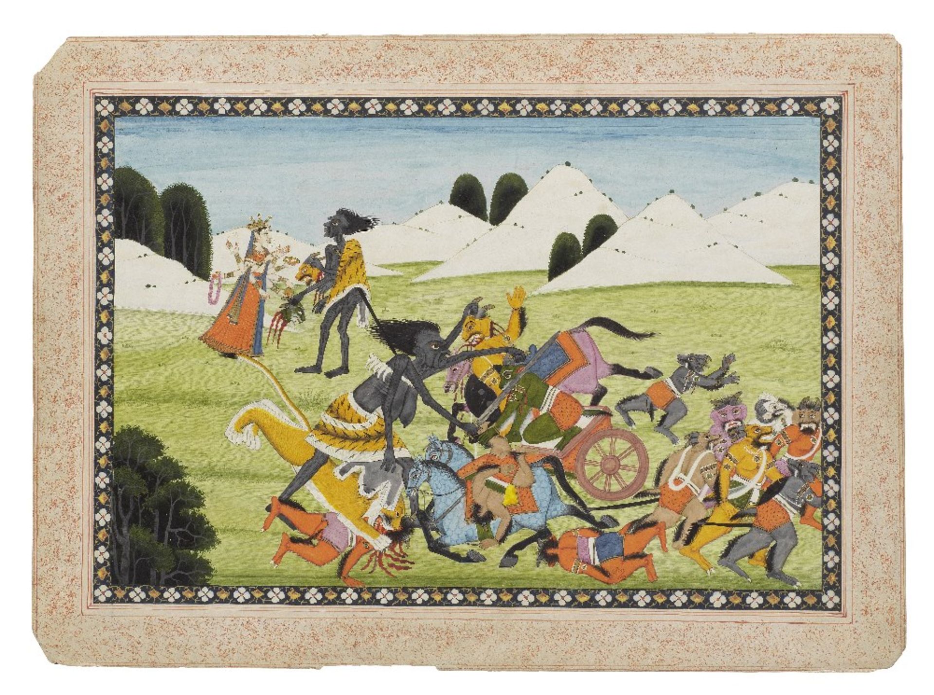 A folio from a Devi Mahatmya series: Kali is named Chamunda by Durga Kangra, circa 1840