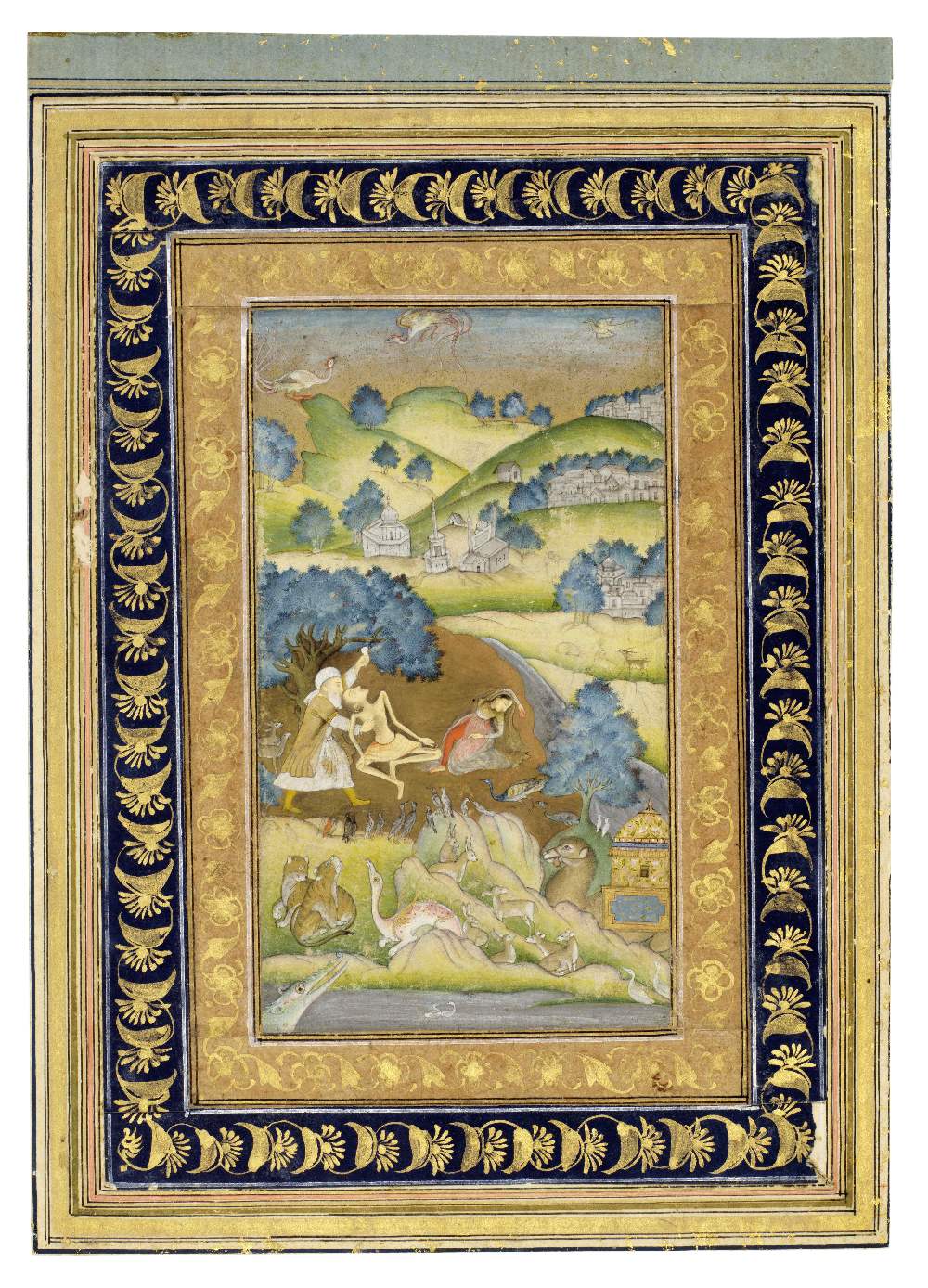 Zayd revives the fainting Layla and Majnun, sprinkling them with the water of life Mughal, Oudh,...