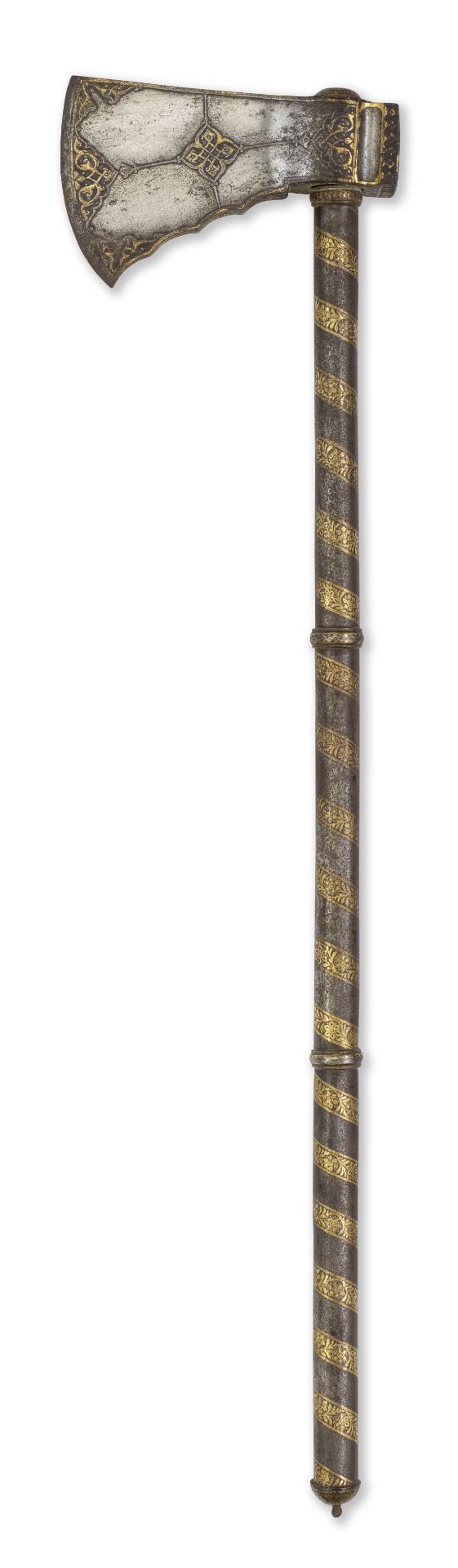 A fine Mughal gold-koftgari watered-steel saddle axe (tabarzin) North India, 17th/ 18th Century