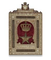 A mother-of-pearl and bone-inlaid wood panel with metal-thread embroidered velvet coat of arms p...