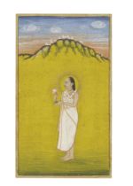 A Vallabhacharya priest standing in a landscape holding a lotus flower Kishangarh, circa 1820