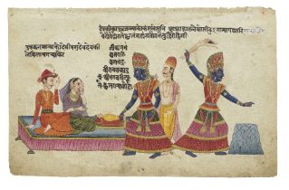 An illustrated folio from a manuscript of the Bhagavata Purana, depicting Kamsa seizing Vasudeva...
