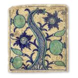A rare underglaze-painted pottery tile from the Portuguese Convent of Santa Monica in Goa (built...