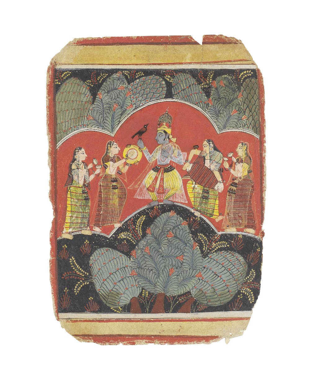 Vasant ragini: Krishna, or a prince in the guise of Krishna, dancing in a forest grove with fema...