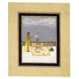 A lady seated on a terrace holding a narcissus, with an attendant Mughal, attributed to Muhammad...