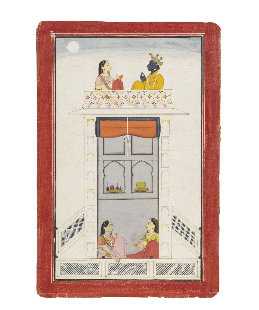 An illustration to a Baramasa series: Radha and Krishna meeting in secret at night, in a rooftop...