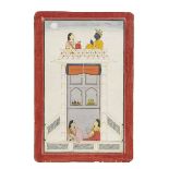 An illustration to a Baramasa series: Radha and Krishna meeting in secret at night, in a rooftop...