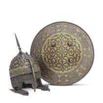 A Qajar gold-damascened steel helmet and shield Persia, 19th Century(2)
