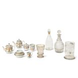 GROUP OF PEARLWARE TEA SERVICE ITEMS AND FOUR COLORLESS GLASS ITEMS