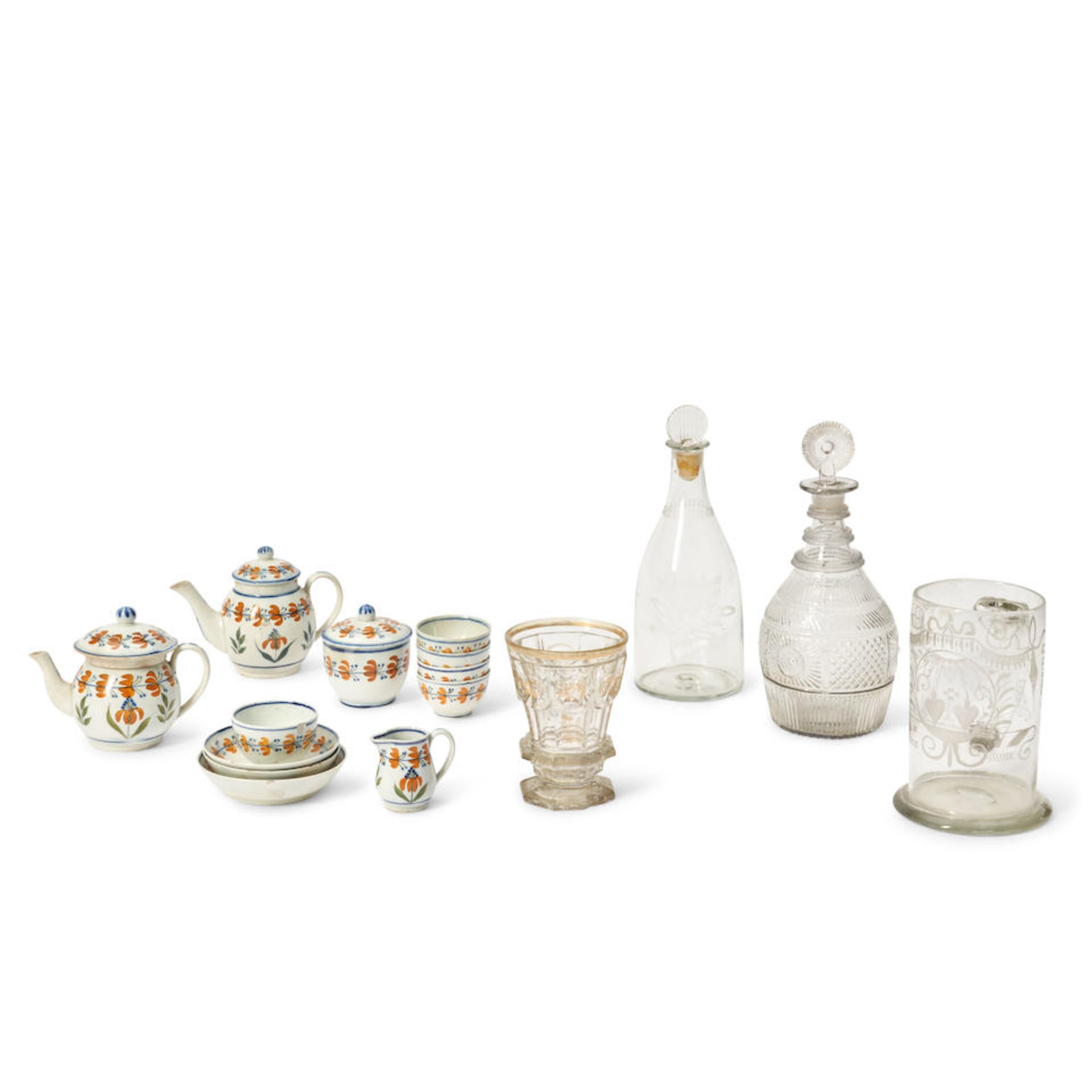 GROUP OF PEARLWARE TEA SERVICE ITEMS AND FOUR COLORLESS GLASS ITEMS