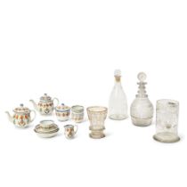 GROUP OF PEARLWARE TEA SERVICE ITEMS AND FOUR COLORLESS GLASS ITEMS