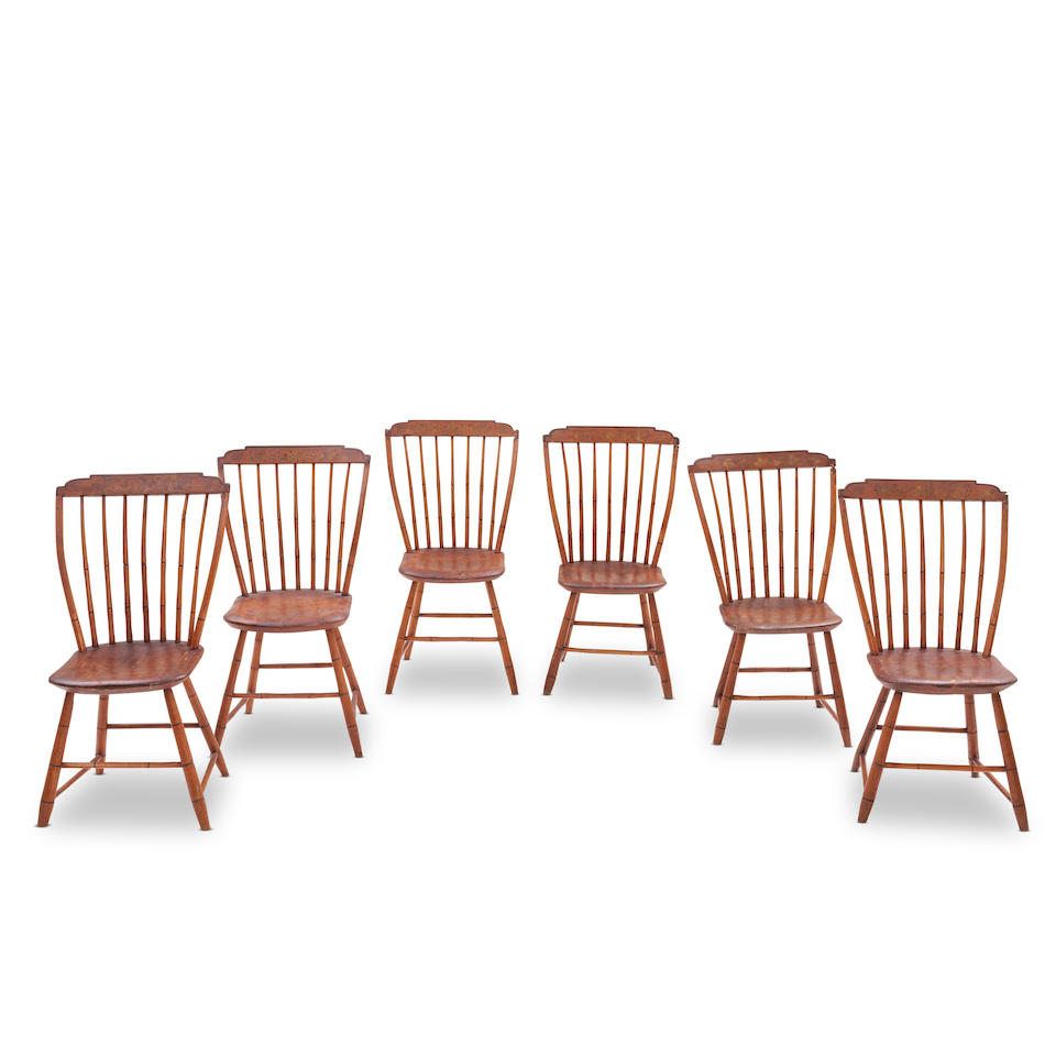 SIX PAINTED STEP-DOWN WINDOSR SIDE CHAIRS