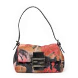 FENDI. Sac 'Mini Baguette florale' en toile FF noire imprim&#233;e &#224; motif de fleurs.