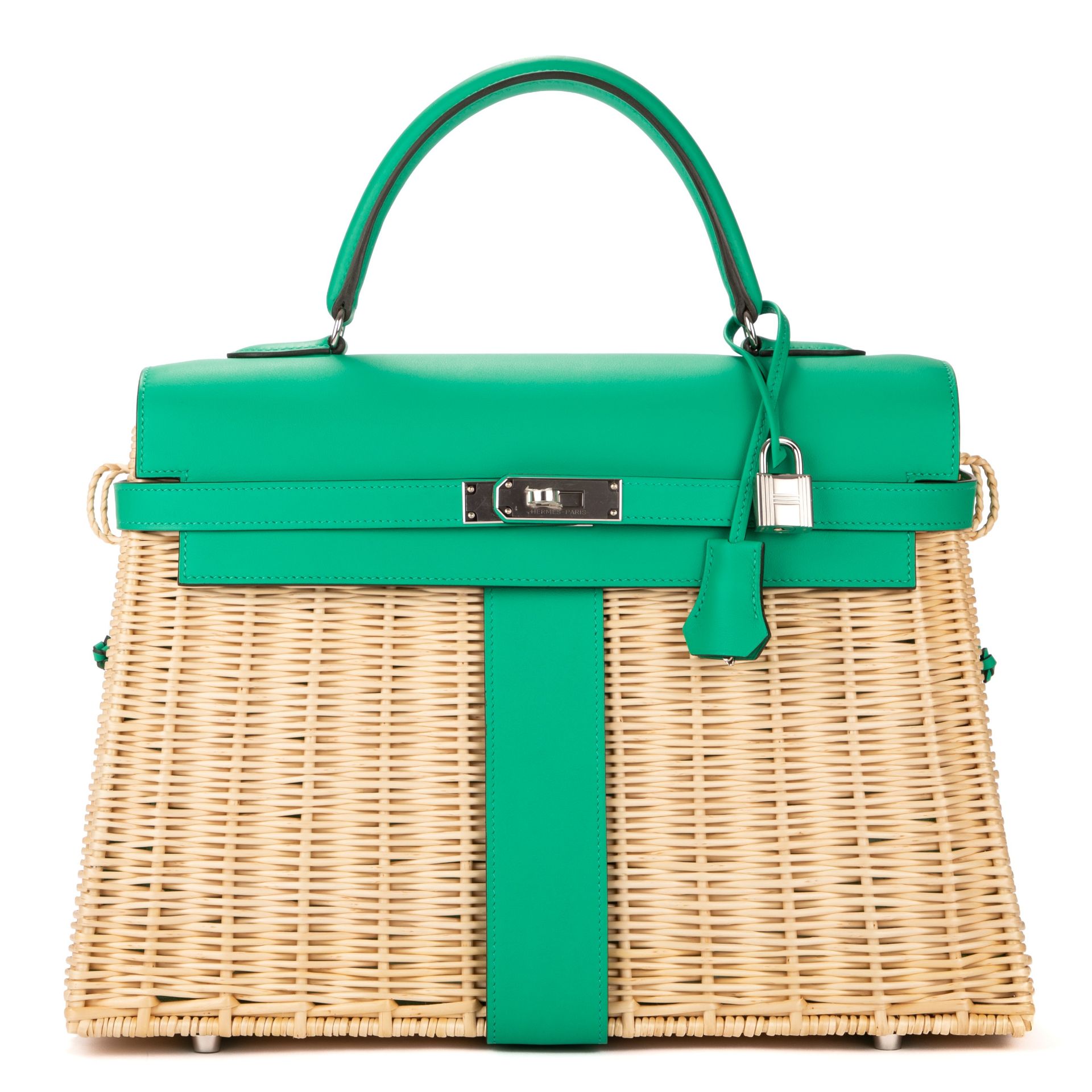 HERMES Paris, Edition rare, ann&#233;e 2022. Sac 'Kelly Picnic' en osier et veau Swift vert menthe.