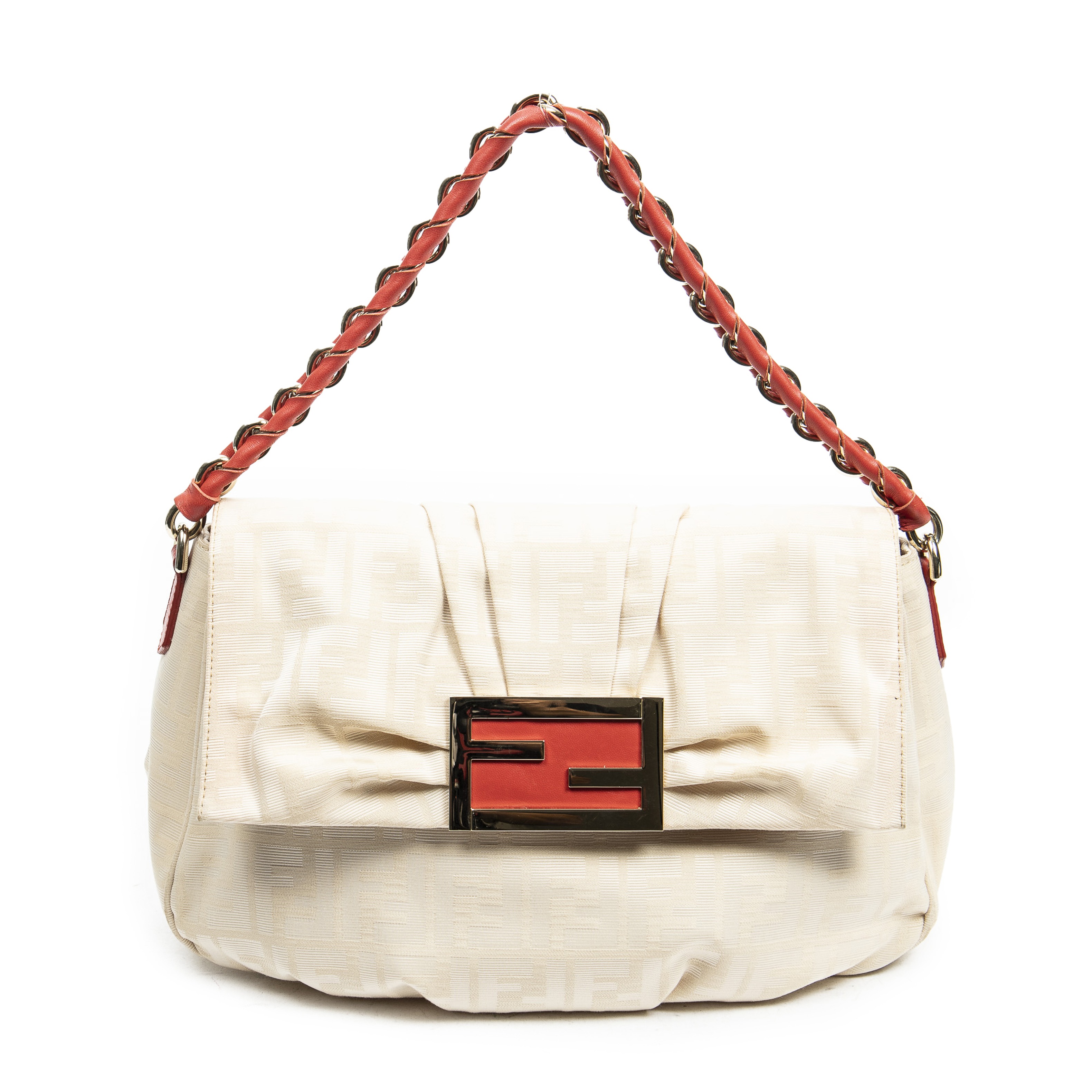 FENDI. Sac 'Baguette Mia' en toile FF beige et cuir rouge.