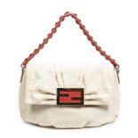 FENDI. Sac 'Baguette Mia' en toile FF beige et cuir rouge.