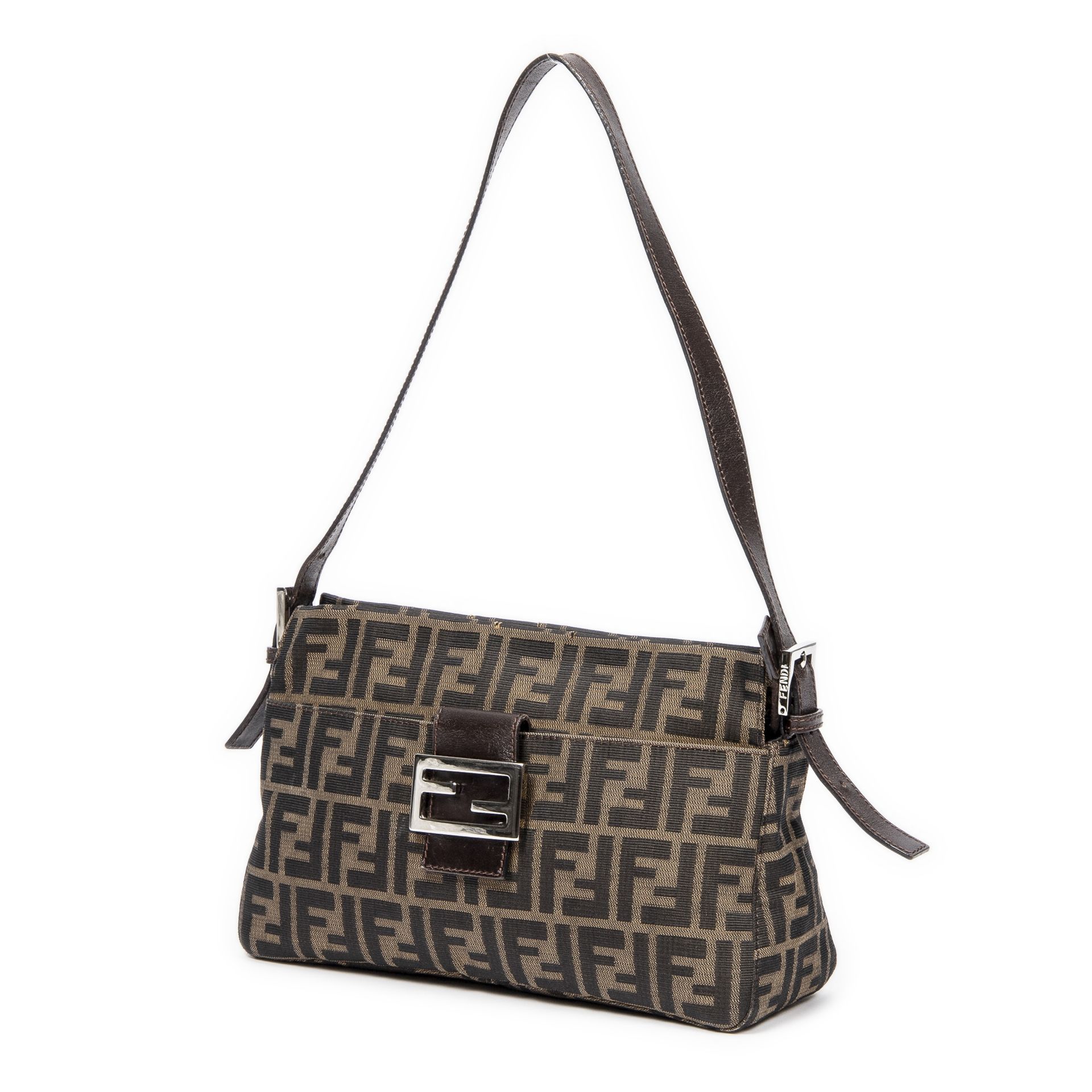 FENDI. Sac 'Baguette Zip' en toile FF marron.