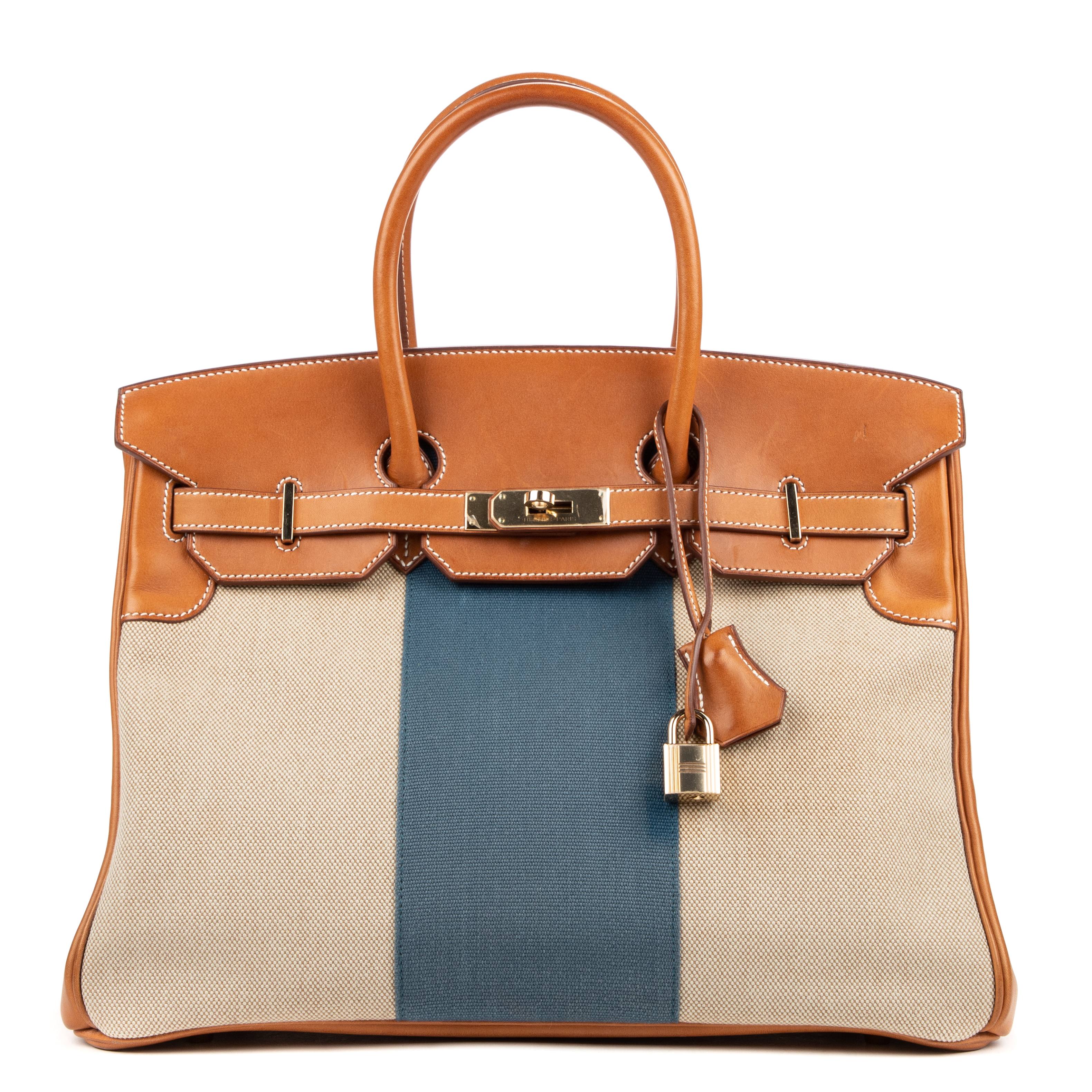 HERMES Paris, Edition Limit&#233;e, ann&#233;e 2014. Sac 'Birkin Flag' en toile chin&#233;e beig...