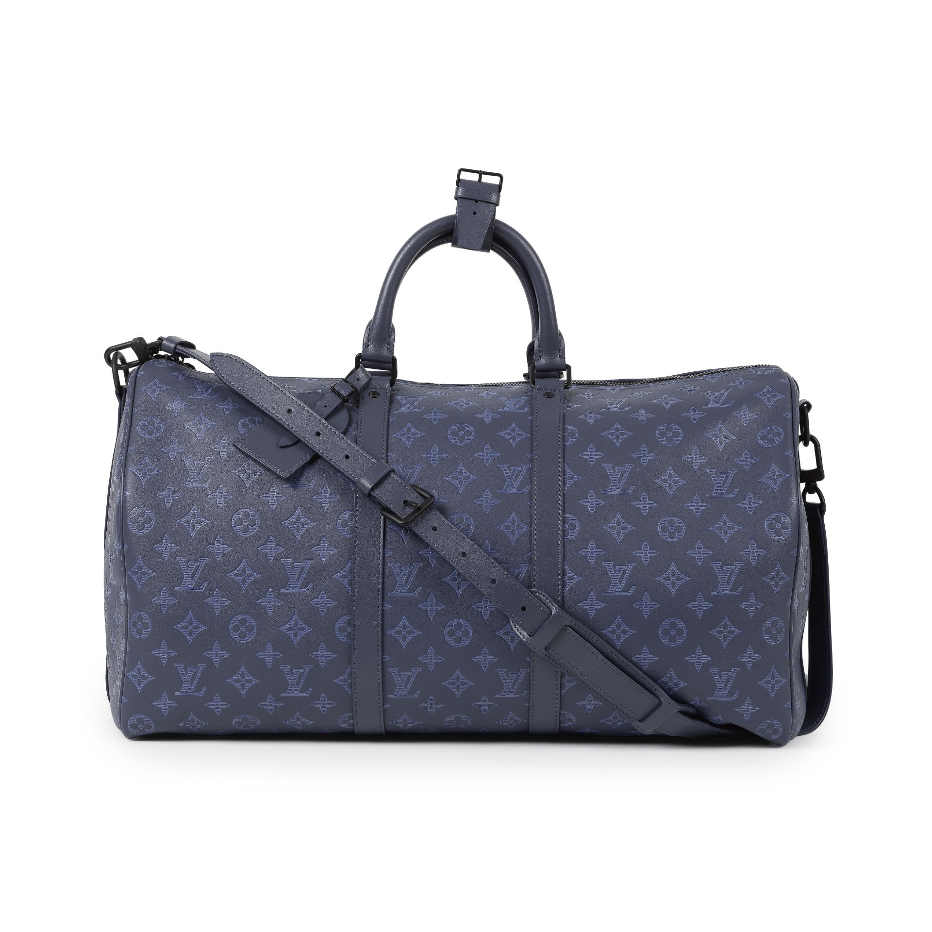 Louis VUITTON, ann&#233;e 2021. Sac 'Keepall Shadow' en veau Monogram bleu. Directeur artistique...