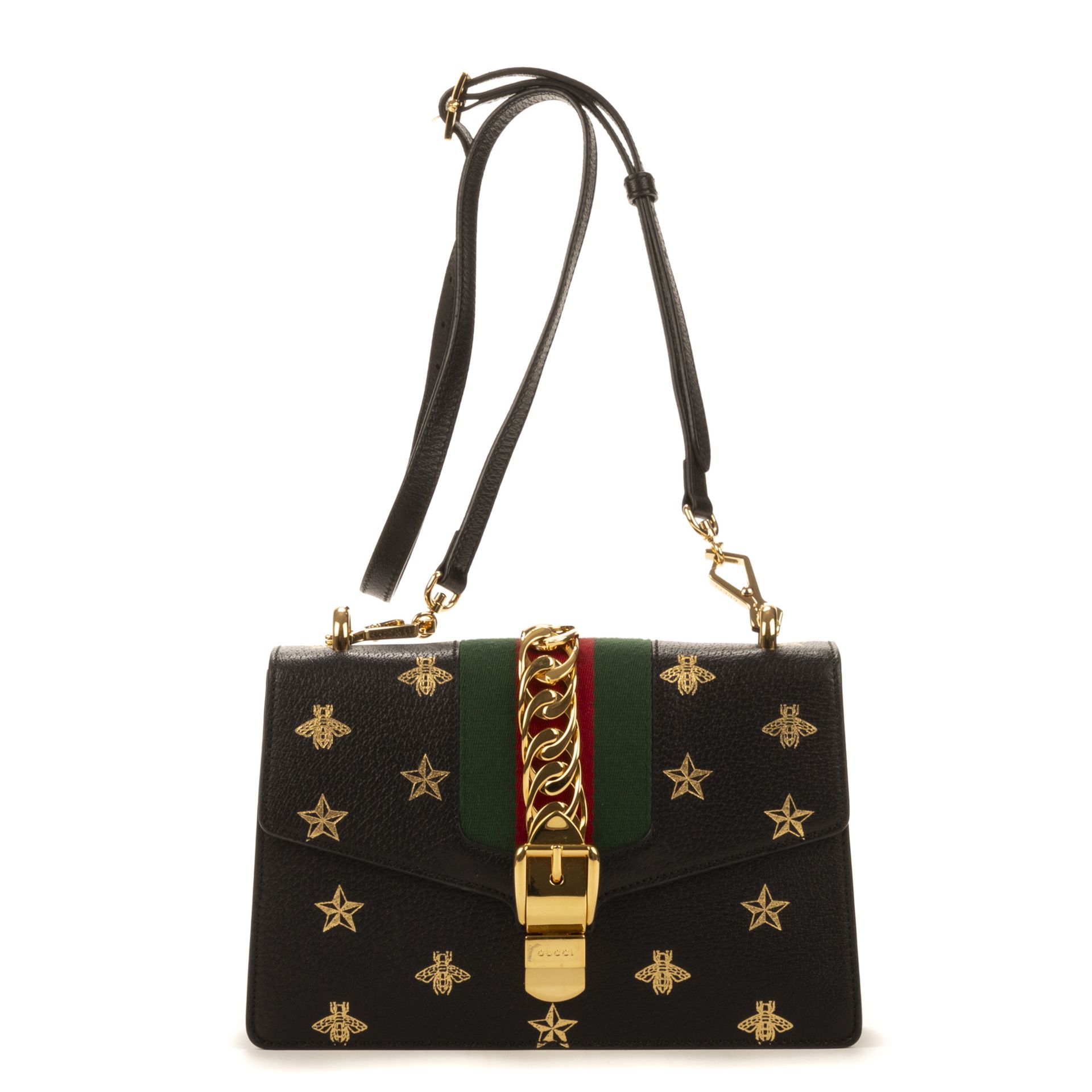 GUCCI. Sac 'Sylvie Bee Star' en cuir noir imprim&#233; d'abeilles et bande WEB.