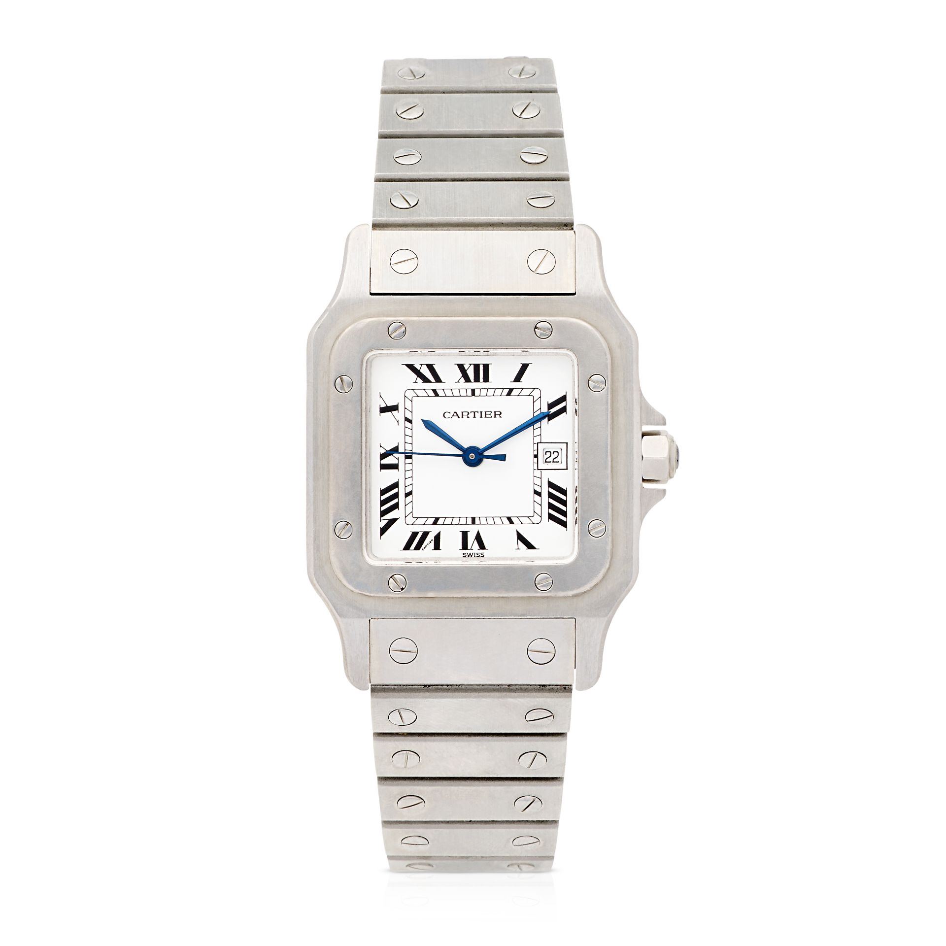 Cartier. A stainless steel automatic calendar bracelet watch Santos, Purchased 1st October 1978