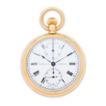 Russells Ltd, Liverpool. An 18K gold keyless wind open face chronograph pocket watch London Impo...