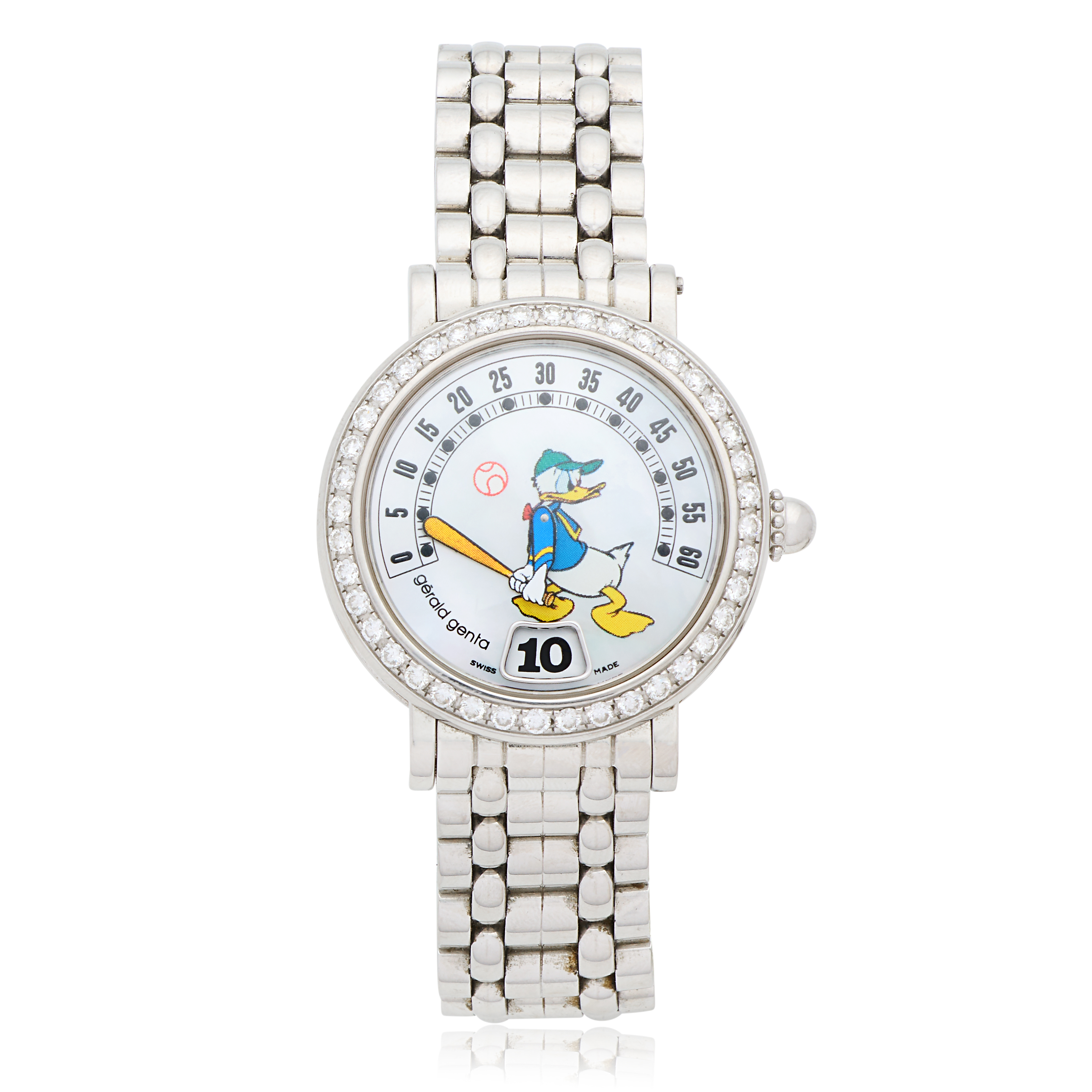 Gerald Genta. A stainless steel diamond set automatic jump hour bracelet watch with Donald Duck ...