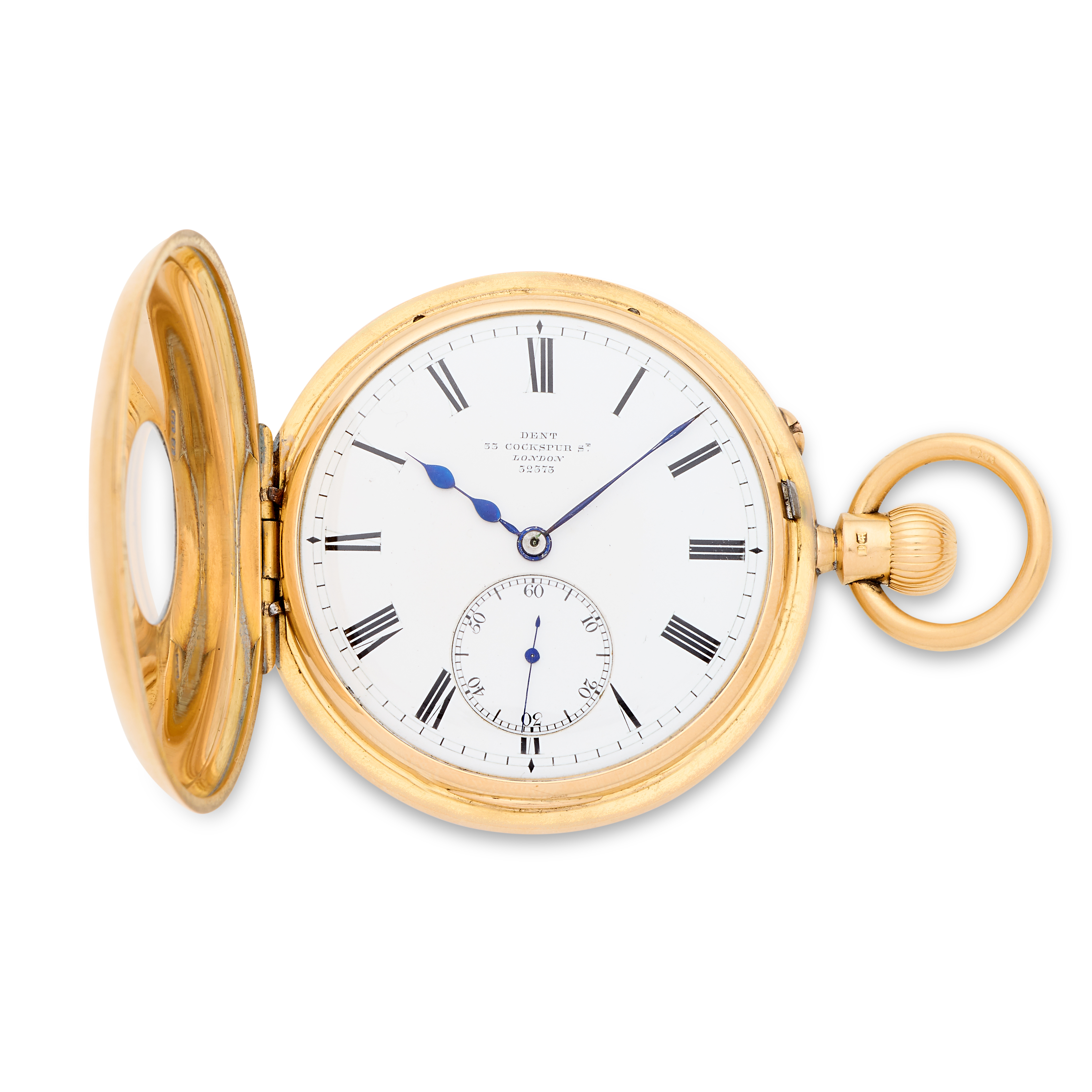 Dent, 33 Cockspur Street, London. An 18K gold keyless wind half hunter pocket watch London Hallm...