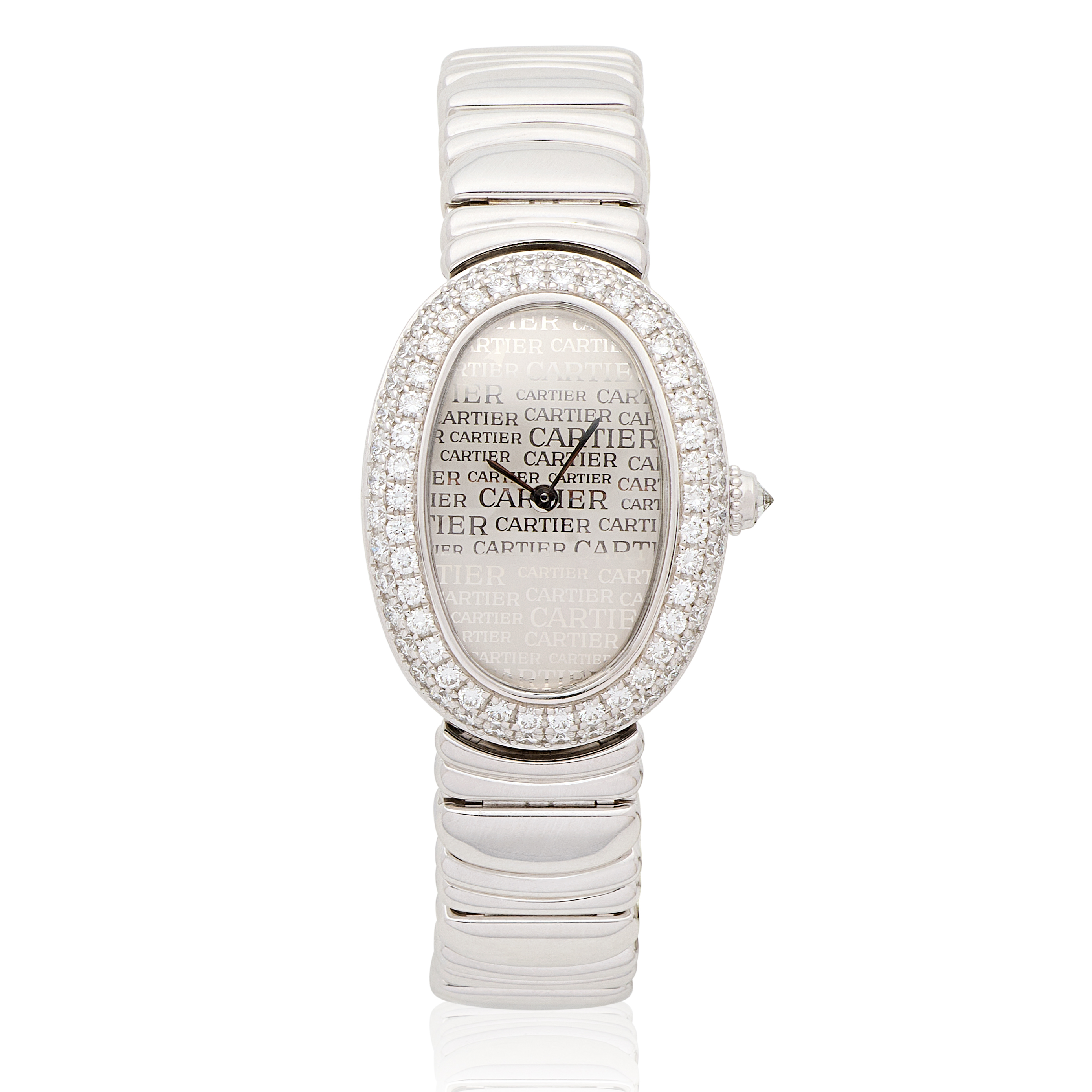 Cartier. A lady's 18K white gold diamond set quartz bracelet watch Baignoire, Ref: 1955, Circa ...