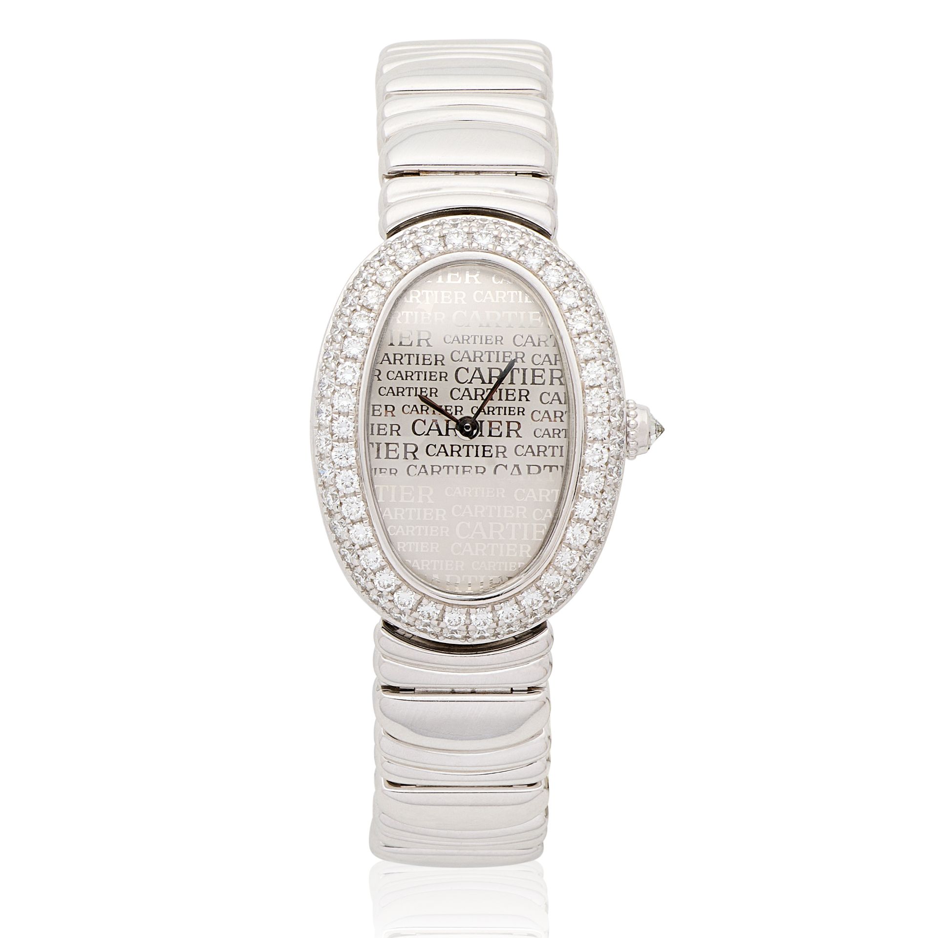 Cartier. A lady's 18K white gold diamond set quartz bracelet watch Baignoire, Ref: 1955, Circa ...