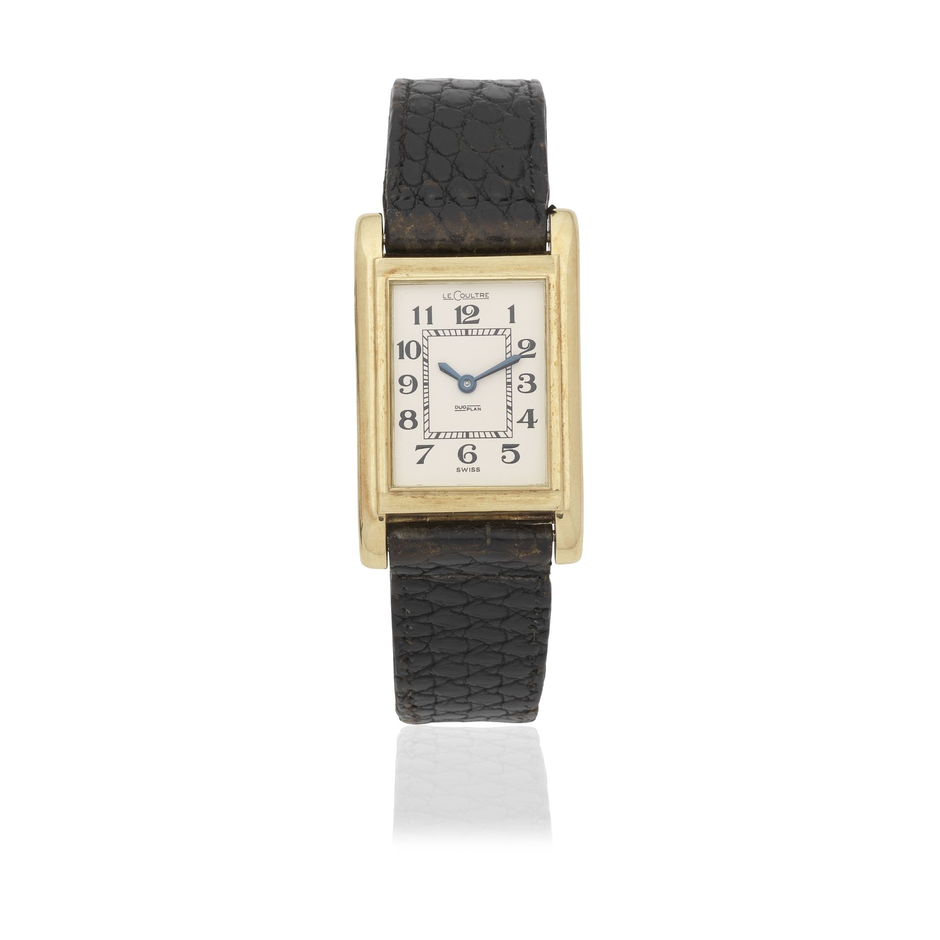 LeCoultre. An 18K gold manual wind rectangular form wristwatch Duoplan, London Import mark for ...