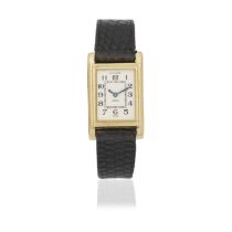 LeCoultre. An 18K gold manual wind rectangular form wristwatch Duoplan, London Import mark for ...