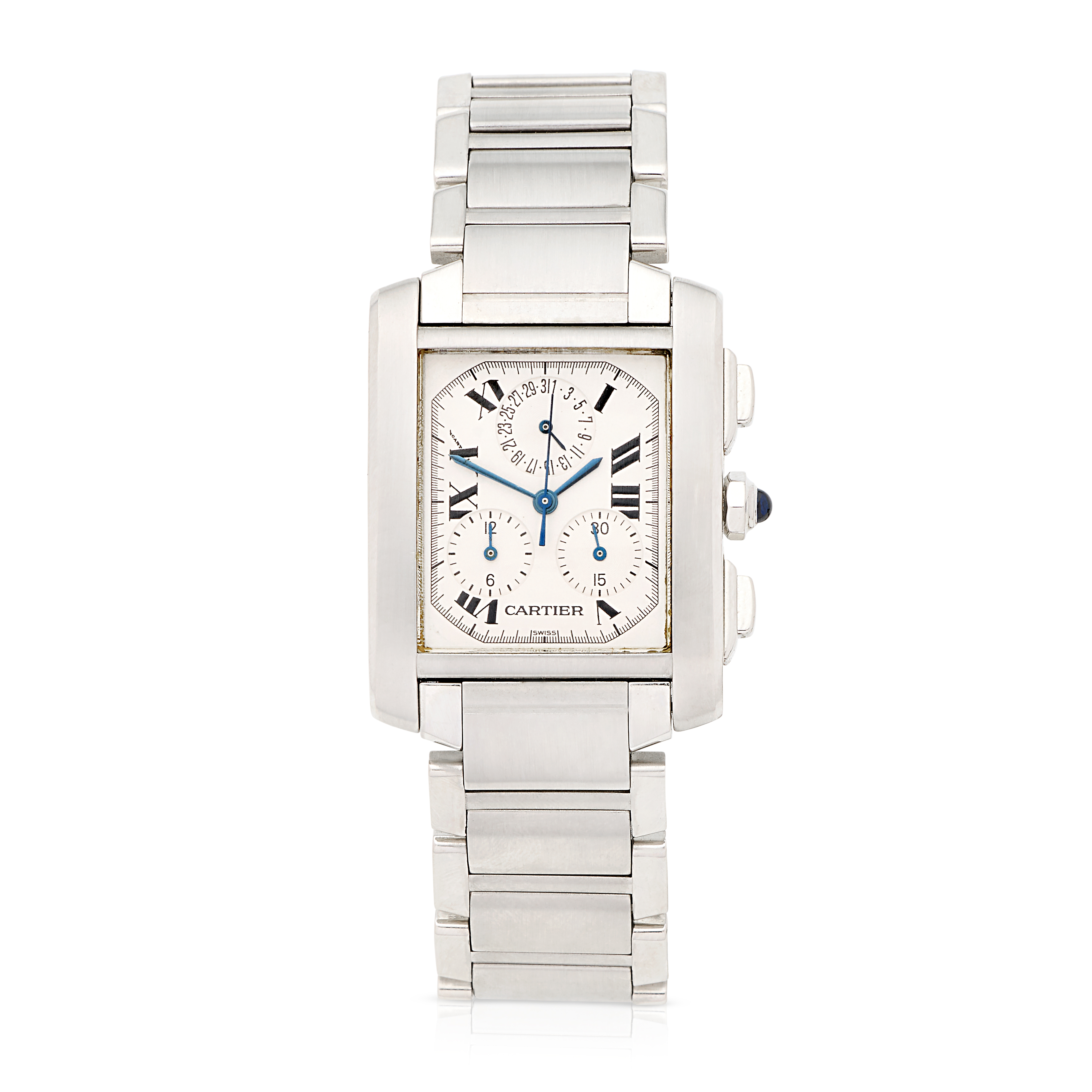 Cartier. A stainless steel quartz calendar chronograph bracelet watch Tank Francaise, Ref: 2303...